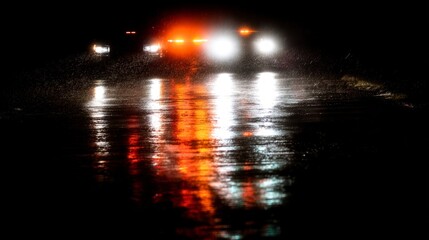 siren. Abstract patterns of emergency vehicle lights reflecting on wet pavement, creating a dramatic visual effect. mobility guides, transit brochures, designed for transport & logistics marketing.