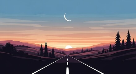 Fototapeta premium Sunset Road - A Serene Journey Through Natures Embrace.