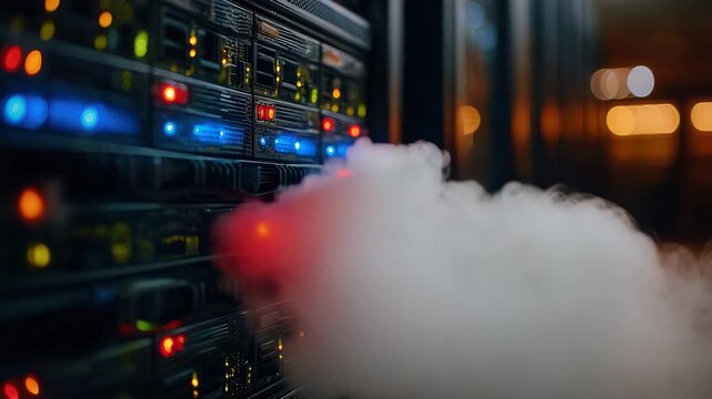 Dynamic server room failure with smoke billowing from racks creating urgent data breach or outage crisis visuals
