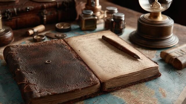 Antique leather-bound journal on a vintage map