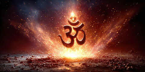 Fiery Om Symbol with Intense Red and Orange Sparks Erupting from Ground