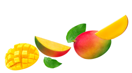 high quality photograph of fresh, ripe mango fruit, including a whole mango, slices, and diced cubes, isolated on a transparent background.
