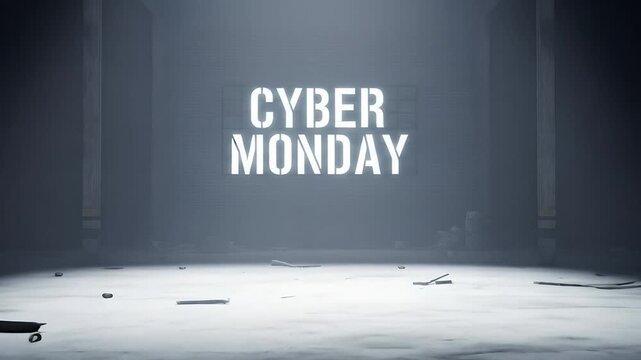 Cyber Monday sale promotion in misty industrial building. E-commerce marketing, digital deals, seasonal discounts, online sales, business promotion, retail event visuals.