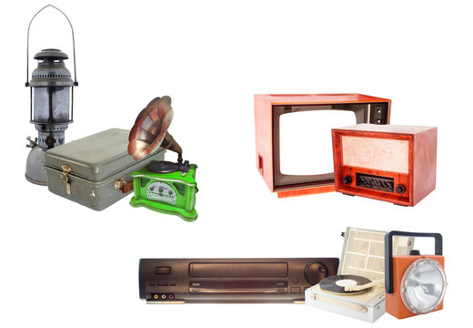 assortment of classic vintage media and household items, featuring a kerosene lamp, portable record player, old television, vcr, and a wooden radio, isolated on black. - Powered by Adobe