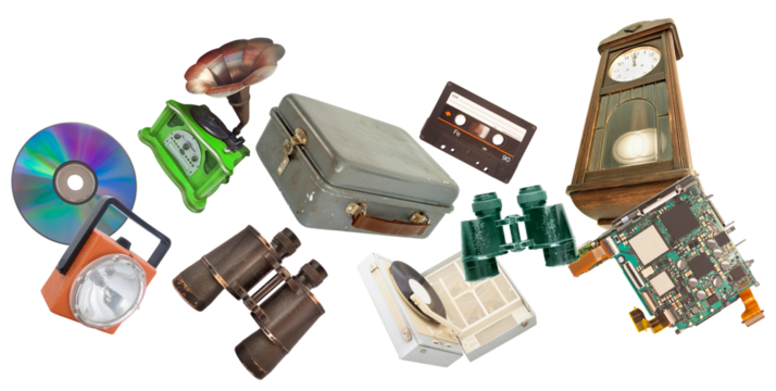 various vintage technological and domestic objects floating and scattered, including a cd, clock, binoculars, cassette, and a circuit board, isolated on black.