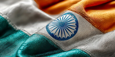 Close-up of Waving Silk Indian Flag with Stitched Ashoka Chakra Detail and Folds
