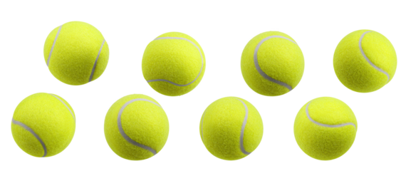 eight vibrant, neon yellow tennis balls arranged neatly in rows, displaying the standard felt texture and seam, photographed and isolated against a black backdrop.