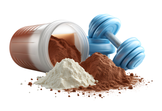 Workout Fuel: Protein Powder Spilled from a Jar Next to a Blue Dumbbell isolated on a transparent background