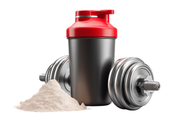 Fitness Fuel: Protein Shaker, Powder, and Dumbbells isolated on a transparent background