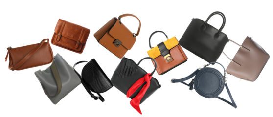 dynamic high-angle photograph showcasing ten assorted women's leather fashion handbags swirling and floating against a solid black isolated background.