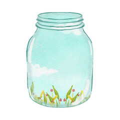 Empty Glass Jar with Sky and Grass Inside.