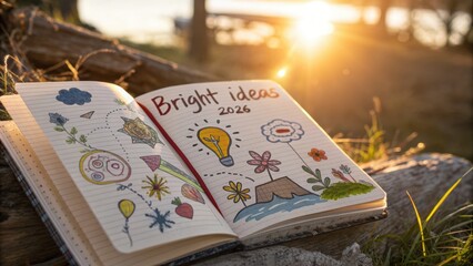 Notebook with bright ideas for travel in 2026 is open on grass during sunset