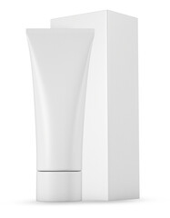 white cosmetic squeeze tube and vertical rectangular paper box mockup template, isolated 3d render for clean skincare or pharmaceutical packaging design.