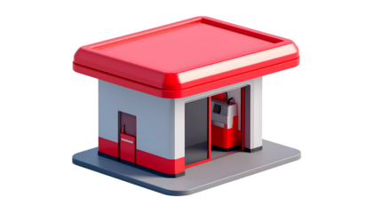 Isometric view of a modern, stylized gas station with a red roof and detailing