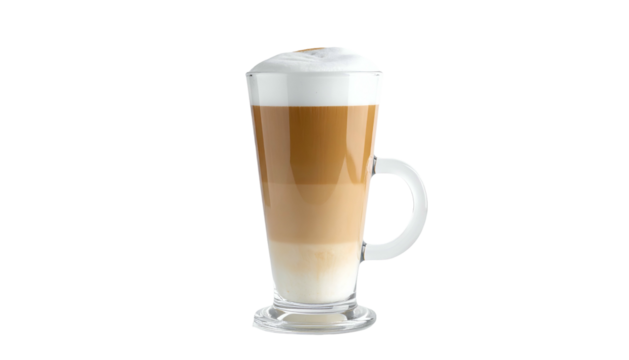 Tall glass of layered coffee drink, topped with thick foam, against a black background