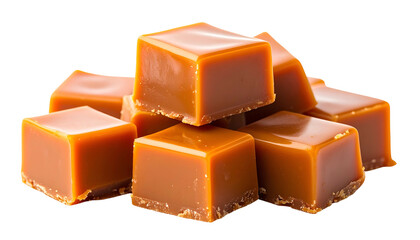 Pile of glossy, golden-brown, square caramel candies, isolated on transparent background
