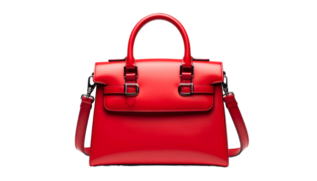 Vibrant red leather handbag, featuring top handles, a shoulder strap, and polished buckles