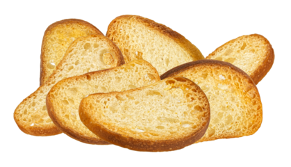 photograph capturing a messy pile of multiple, crunchy, thin slices of round italian biscotti or zesty toasted rusks, isolated against a dark background.