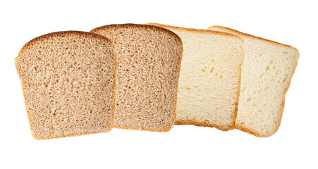 photograph showing four vertical slices of bread side-by-side, featuring a mix of wholesome whole grain or rye bread and plain white sandwich bread, isolated on black.
