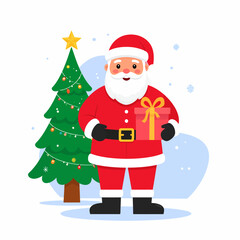 Festive Santa Claus with Christmas Tree and Gift Box Illustration for Holiday Season