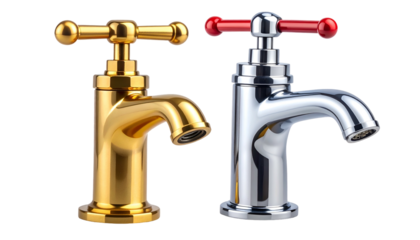 Two shiny faucets, one gold, one silver, against a black background, showing detail