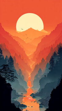 Striking Vertical Digital Art of a River Valley Sunset with Silhouetted Figures