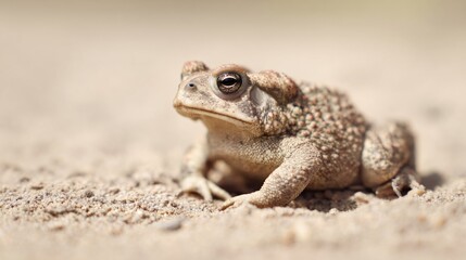 Obraz premium herpetology. Macro view of a Sonoran Desert Toad resting on sandy terrain in natural sunlight. wildlife magazines, conservation campaigns, designed for wildlife conservation campaigns. 