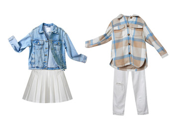 photograph of two separate women's casual autumn fashion outfits displayed neatly on a transparent...