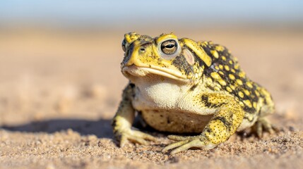 Fototapeta premium herpetology. Macro view of a Sonoran Desert Toad resting on sandy terrain in natural sunlight. wildlife magazines, conservation campaigns, designed for wildlife conservation campaigns. 