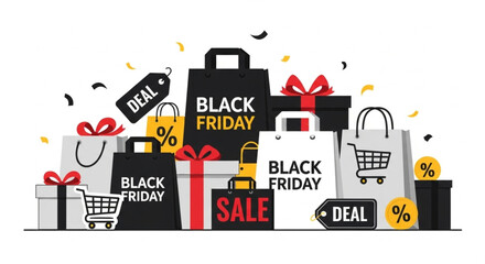 E-commerce holiday sale illustration with shoppers and presents