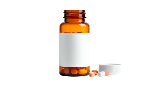 Amber prescription bottle, open with spilled pills and cap on black background