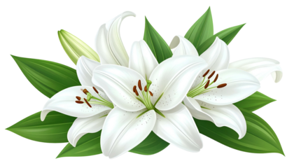 Close-up of several white lily blooms with vibrant green leaves, isolated on white