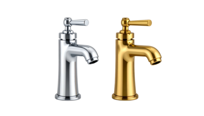 Two identical water faucets, one silver and one gold, stand side-by-side against black