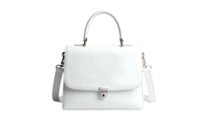 Elegant white handbag with top handle, shoulder strap, and metallic accents against a black background