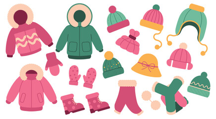 Vibrant winter clothing collection showing cozy jackets, warm hats, mittens, and scarves in bright colors, trendy cold season outfit accessories in modern flat vector design.