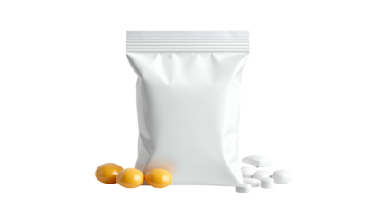 A white sealed pouch with zipper, beside yellow orbs and white tablets on a black background
