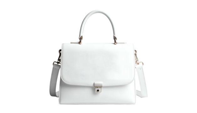 Elegant white handbag with top handle, shoulder strap, and metallic accents against a black background
