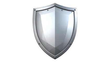 Metallic shield with a shiny, reflective surface and rivet detailing against a black background