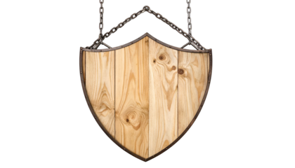 Shield-shaped wooden sign suspended by chains against a black backdrop