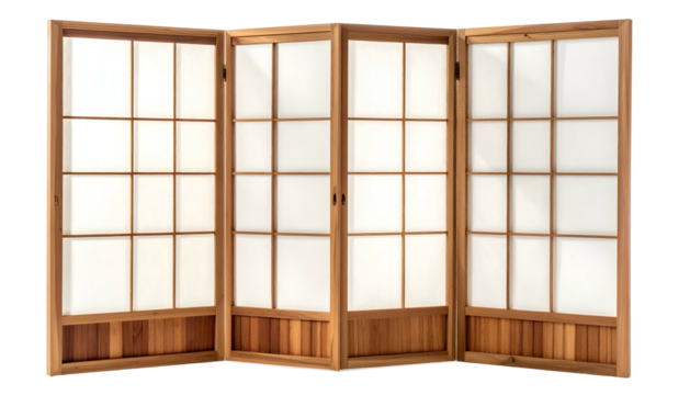 Wooden folding screen with translucent white panels, designed for privacy
