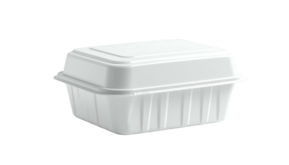A closed, white, rectangular food container with a hinged lid against a transparent background