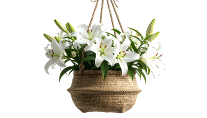 A hanging woven basket overflowing with vibrant white lilies and green foliage