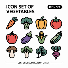 Colorful Vegetable Icon Sheet — 10 Vibrant Vector SVG Icons (Carrot, Broccoli, Bell Pepper, Tomato, Eggplant, Corn, Cucumber, Mushroom, Spinach, Beet)
