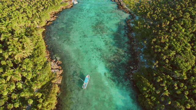 Boat floating on turquoise tropical lagoon surrounded by dense green palms