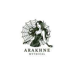 Mythological Arachne illustration, featuring an elegant woman (often associated with a spider) with flowing hair standing against a spider web backdrop