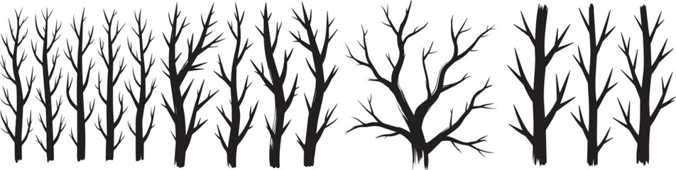 Silhouette set of bare winter trees in black and white, leafless forest illustration showing natural branches and trunks, perfect for seasonal artwork, landscape design, Halloween, and nature projects