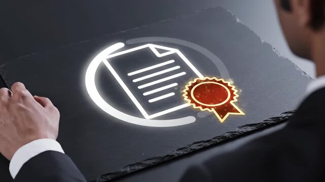 Document Sealed and Checked � Linear sequence wraps, stamps, then marks complete, delivering a brand-neutral, immutable approval cue ideal for compliance and quality gates