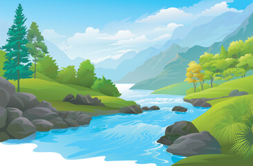 mountain landscape with lake and forest. Beautiful Jungle landscape vector graphics