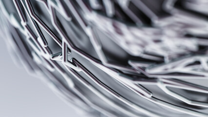 Silver wireframe mesh structure with intersecting smooth elements