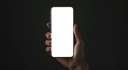 Smartphone Display in Hand: A close-up shot of a hand holding a modern smartphone with a blank, bright screen, providing ample space for digital content or app display against a stark, dark backdrop.